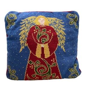 Pier 1 Needlepoint Christmas Angel Red Blue Wool Velour Pillow Holiday 13"‎